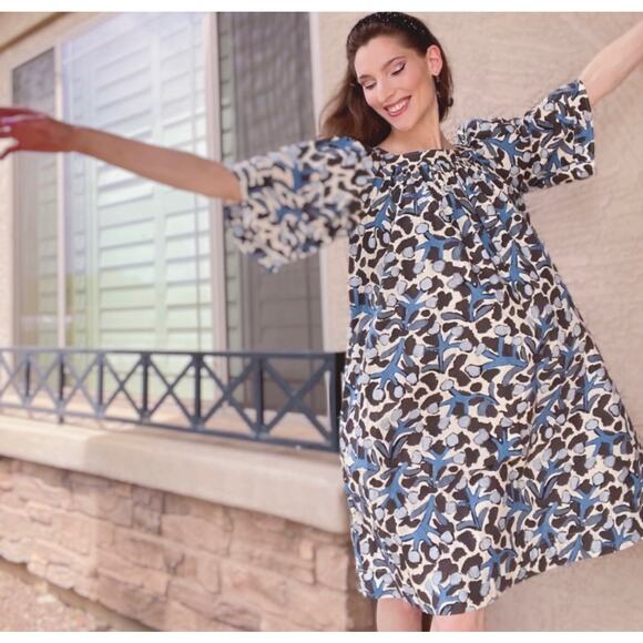 Anthropologie WHIT Mira Abstract Print Babydoll Midi Dress Pockets Size Medium - Picture 1 of 11